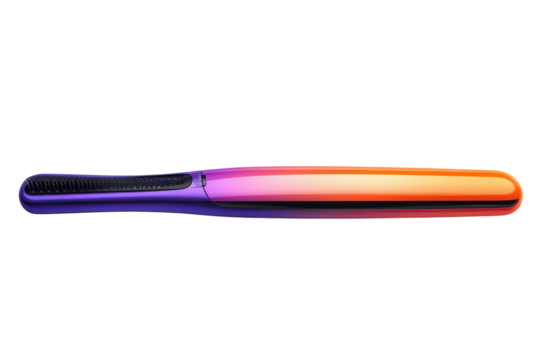 A futuristic hair straightening brush with vibrant orange pink and purple gradient colors on transparent background