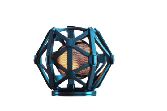 A futuristic glowing orb encased in a teal metal cage radiating warmth and mystery against the on transparent background