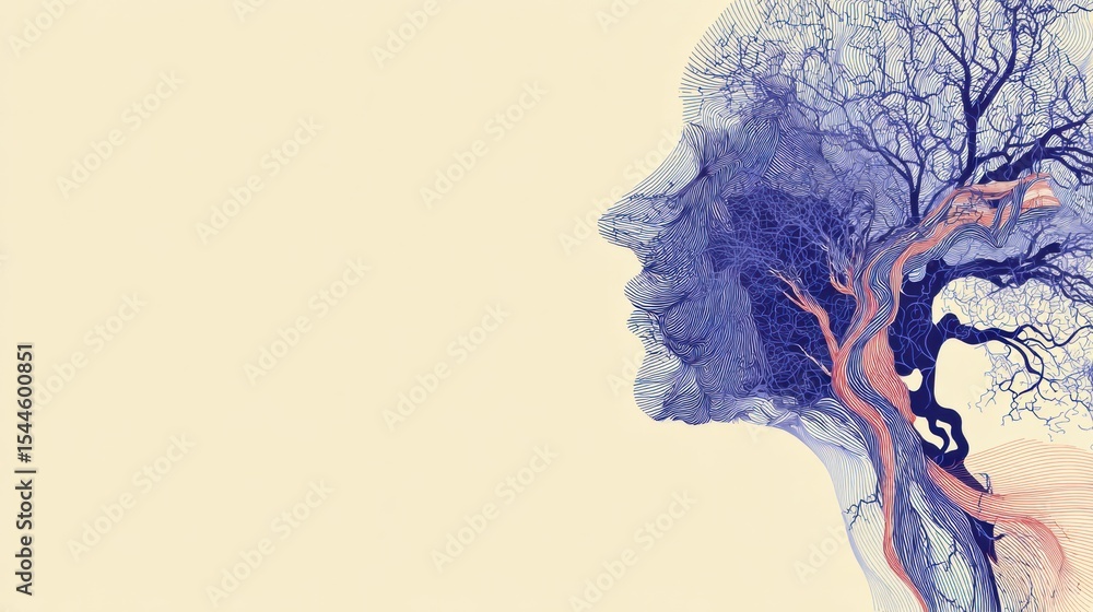 Poster abstract art banner depicting a harmonious flow of nerves resembling a human silhouette merging with