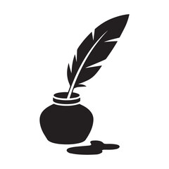 Elegant Quill Pen and Inkwell Illustration Symbolizing Classic Writing and Literary Pursuits Depicted in Minimalist Black and White