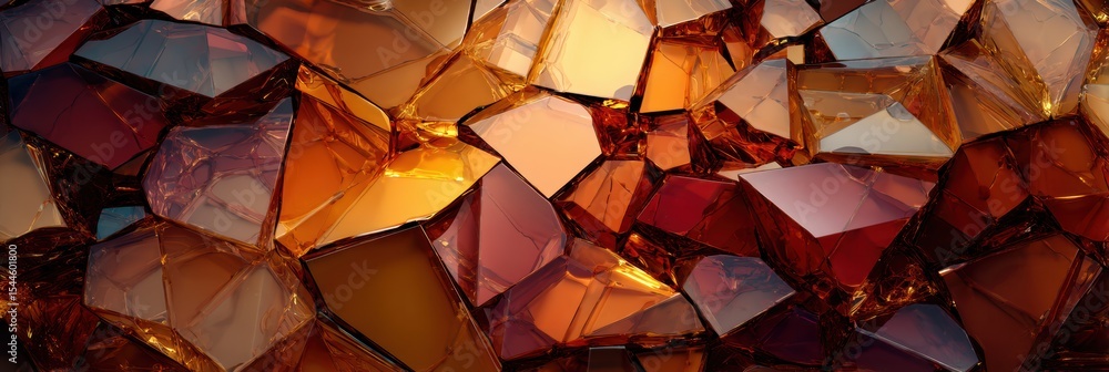 Poster abstract broken glass creates a warm color palette with shades of amber and red reflecting light in 