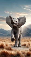Fototapeta premium Young elephant in grassland landscape