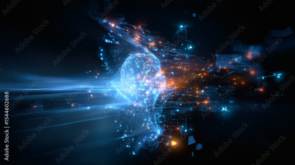 Poster a digital, illuminated human head composed of interconnected light particles and data streams in a d
