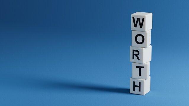 wooden elements with WORTH business word. Mission, Vision and core values concept.3D rendering on blue background.