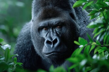 Fototapeta premium Majestic gorilla among lush greenery in a dense jungle during daylight