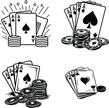 A vector illustration of  poker cards and chips, a royal flush gamble silhouette