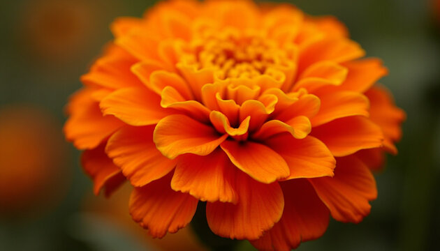 A close-up shot of a single, vibrant orange flower, likely a marigold or zinnia.