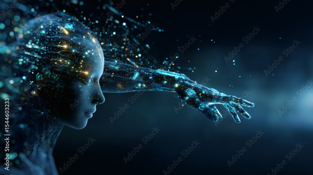 Poster futuristic humanoid robot composed of glowing particles reaching forward in a dark digital environme