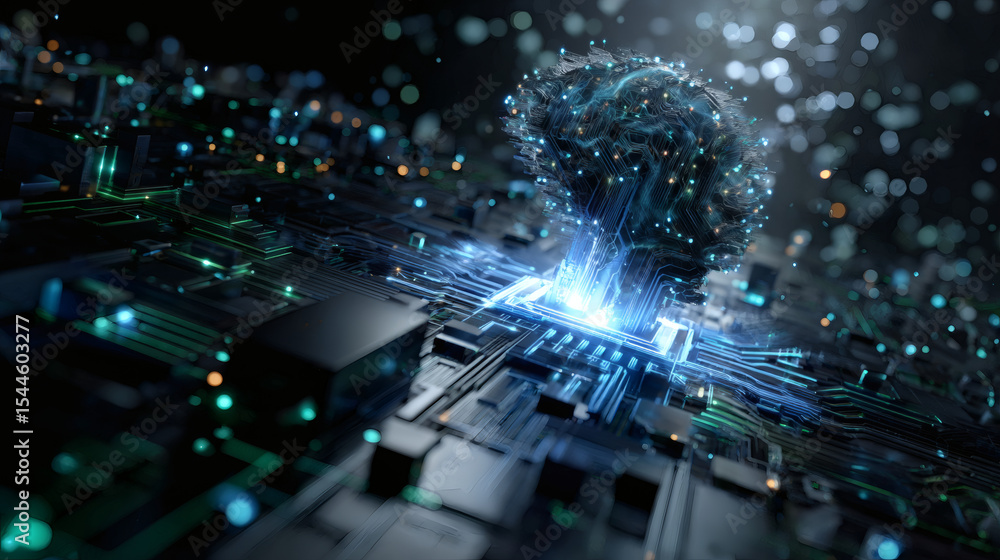 Poster a digital tree composed of glowing circuits emerges from a microchip, symbolizing the fusion of natu