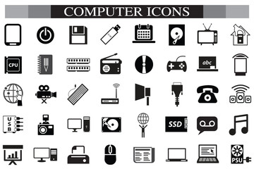 Computer icon set, computer, network, website, server, web design, monitor, tablet and laptop icons vector collection.