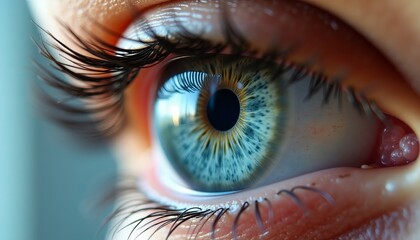 a close-up of a mesmerizing blue eye, highlighting its intricate details, including vibrant colors and long eyelashes that captivate the viewer's attention