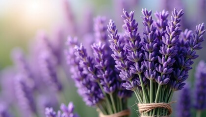 Obraz premium a close-up of several lavender sprigs tied together with twine, showcasing the delicate blossoms and intricate details that highlight nature's charm and simplicity.