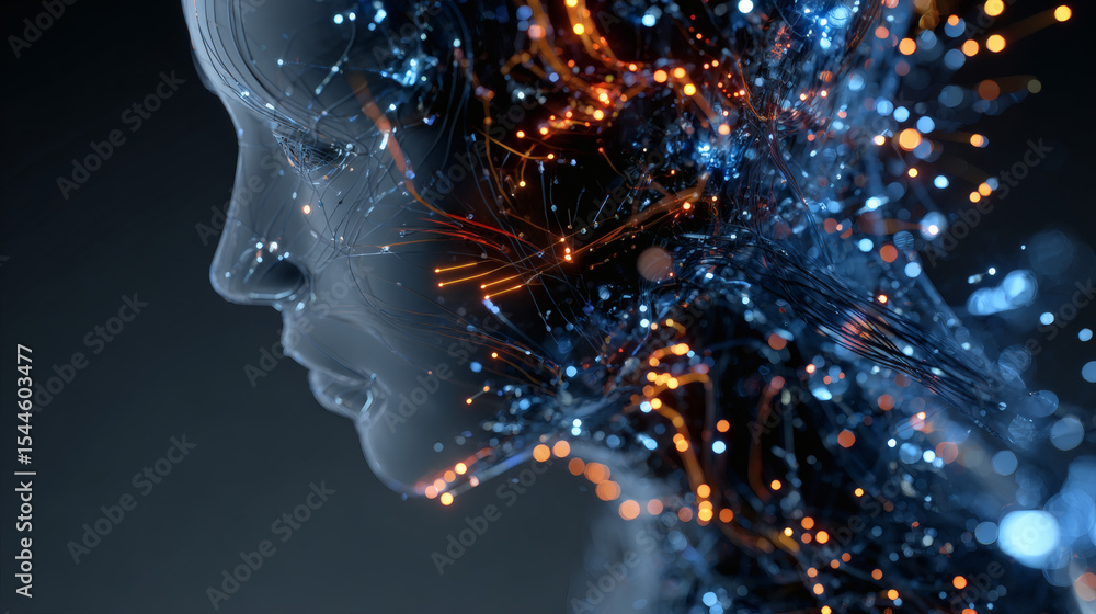 Poster a digital profile of a human face intertwined with glowing neural connections and data streams in a 