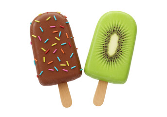 Isolated Chocolate and Kiwi Popsicles on a Stick