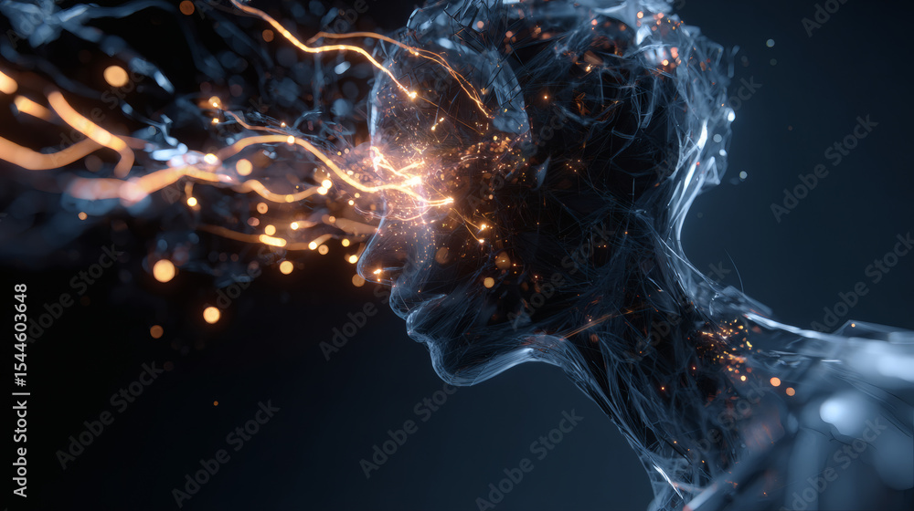 Poster a digital human head composed of intricate neural networks emits glowing, flowing data streams, symb