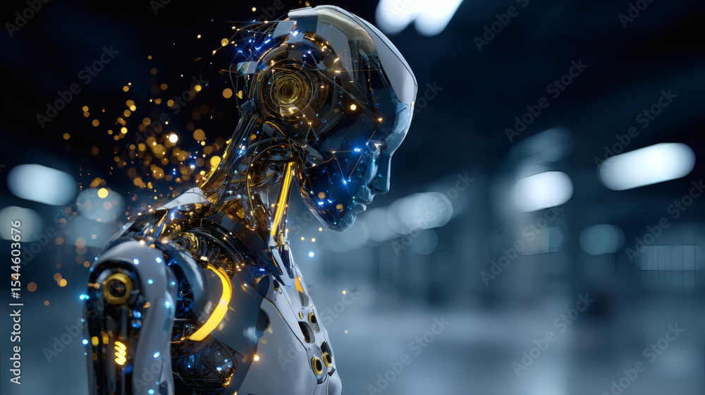 Poster a futuristic humanoid robot with intricate wiring and glowing components stands in a blurred high-te
