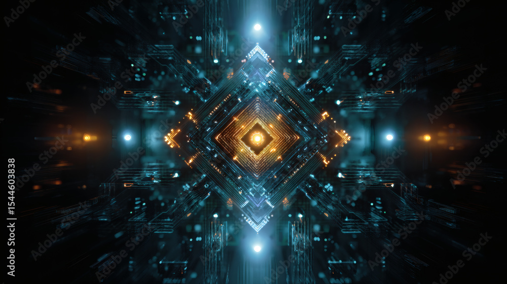 Poster a futuristic digital circuit board with glowing lights forms a symmetrical, diamond-shaped pattern i