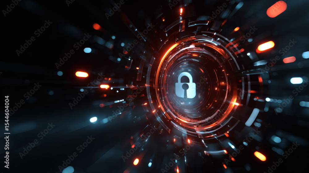 Poster a glowing digital padlock secures a futuristic tunnel of circulating light and data, symbolizing cyb