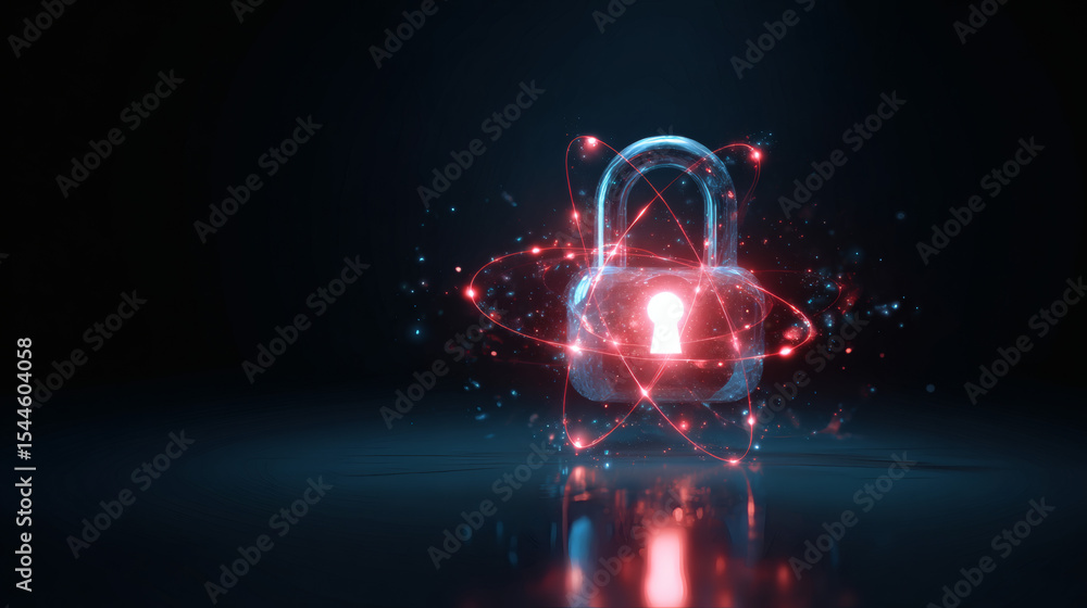 Poster a glowing padlock surrounded by atomic orbits signifies advanced cybersecurity and data protection i