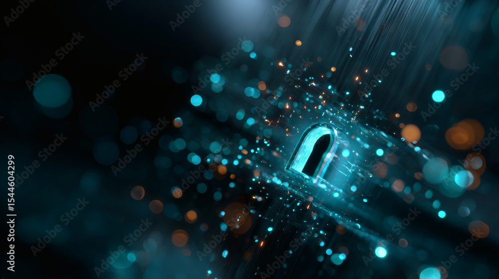 Aufkleber a glowing digital lock surrounded by floating particles symbolizes cybersecurity and data protection