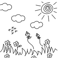 Hand Drawn nature, cloud, sun, sunshine, kite, birds, and flowers for your coloring book page.