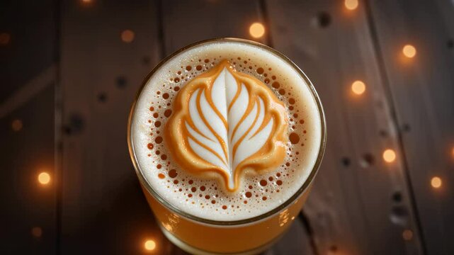 Top-down view of beer with hop flower foam art