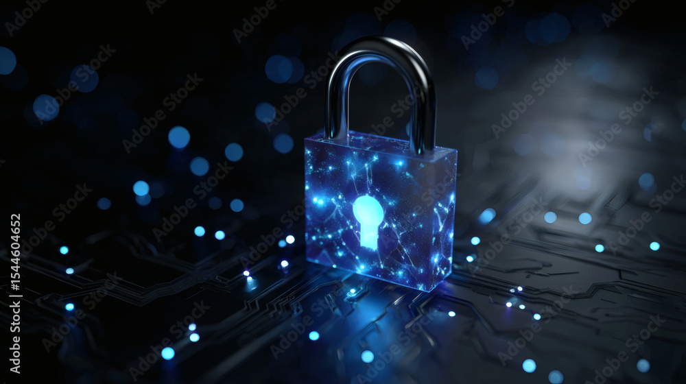 Poster a digital padlock glows with a lightbulb icon, symbolizing cybersecurity and data protection on a fu