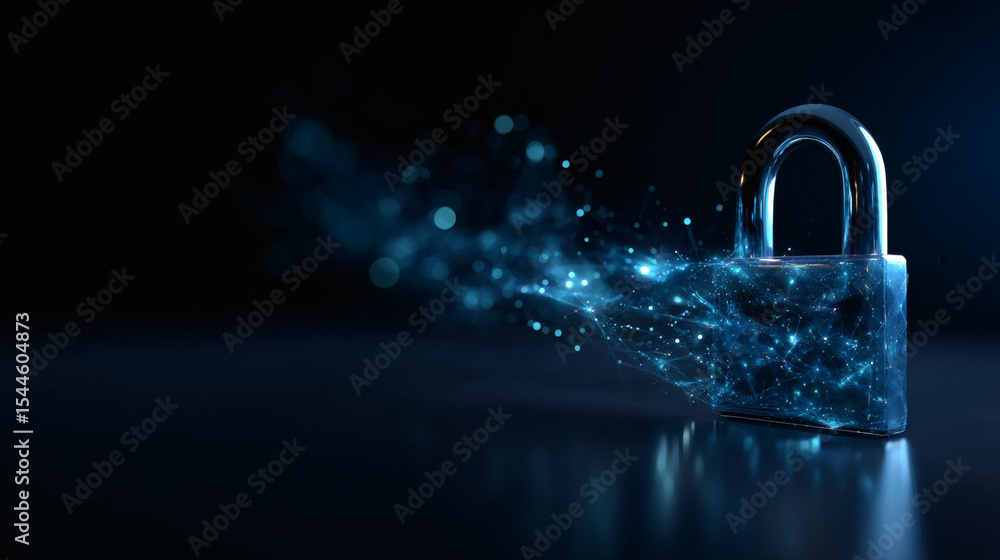 Poster a digital padlock dissolves into a network of blue nodes and connections, symbolizing cybersecurity 