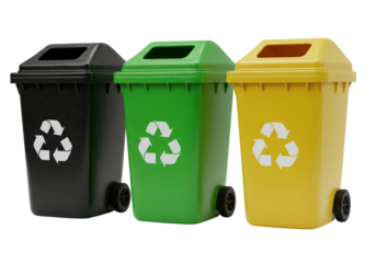 Isolated Set of Recycling Bins in Black Green and Yellow