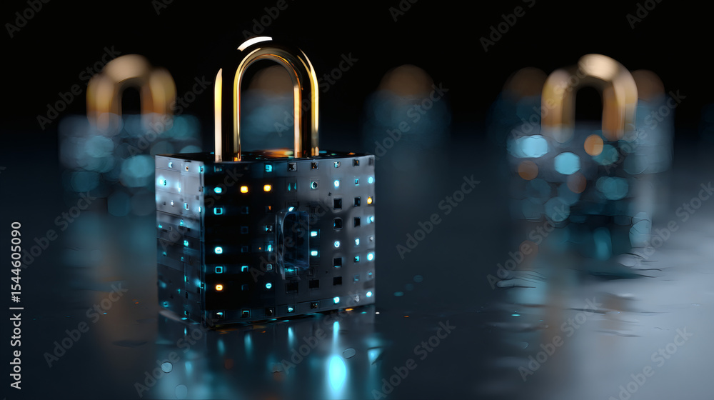 Poster shiny metallic padlocks with a futuristic design are arranged on a reflective surface, symbolizing s