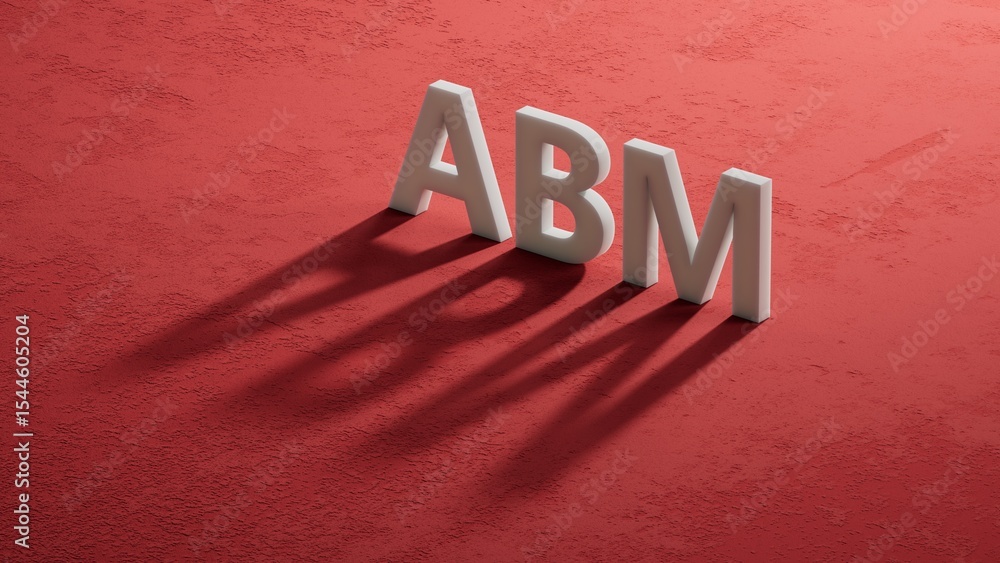 Poster word abm with shadow of 3d charcaters.close up of shadow of 3d charcaters,Business Concept.3D rendering on red background.