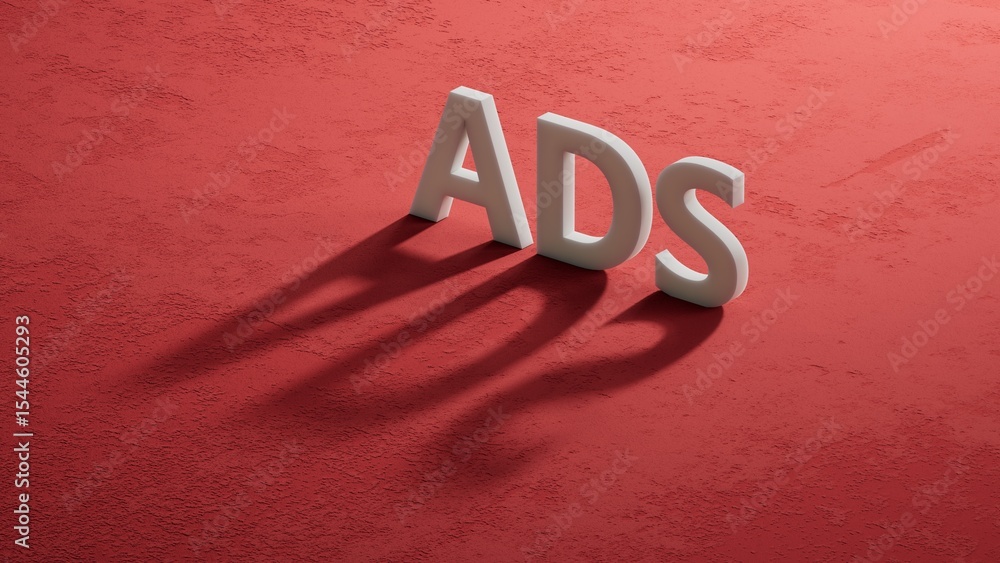 Poster shadow of 3d charcaters with a word ADS, with space to copy the text.close up of shadow of 3d charcaters,Business Concept.3D rendering on red background.