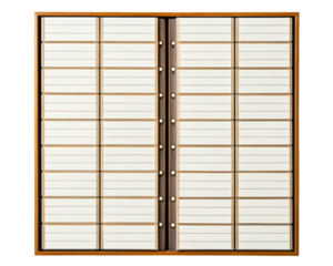 Wooden cabinet with many small white drawers on a transparent background