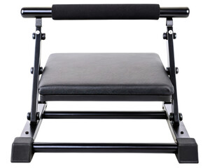 Black padded exercise bench for fitness on a transparent background