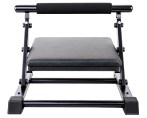 Black padded exercise bench for fitness on a transparent background