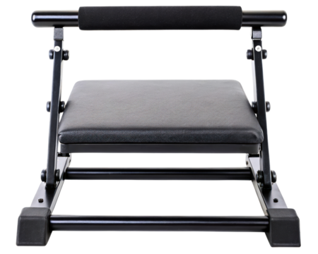Black padded exercise bench for fitness on a transparent background