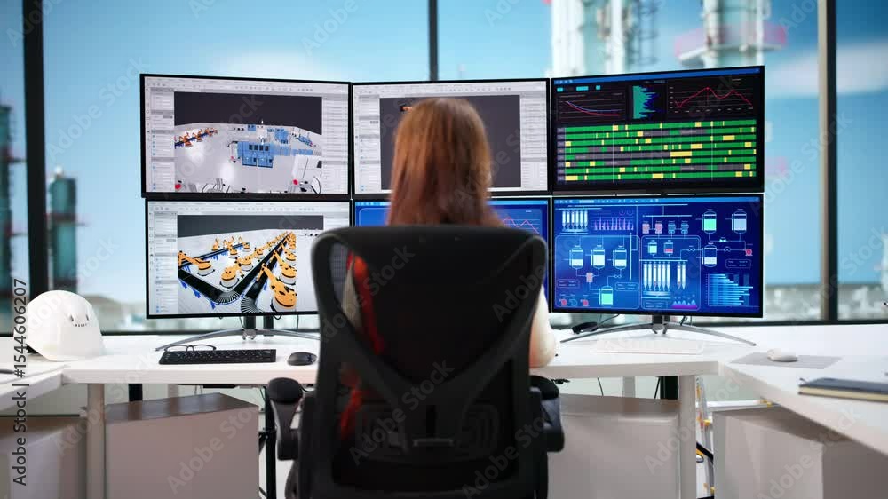 Poster woman engineer using cad to make factory floor plan in 3d