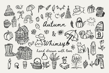 Whimsical autumn vector set with rainbow, cat, scarf, book, embroidery, snail and cozy items. Ideal for seasonal prints and creative design.