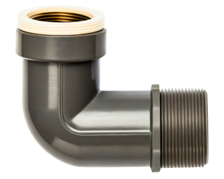 Grey plastic pipe elbow with threaded ends on a transparent background