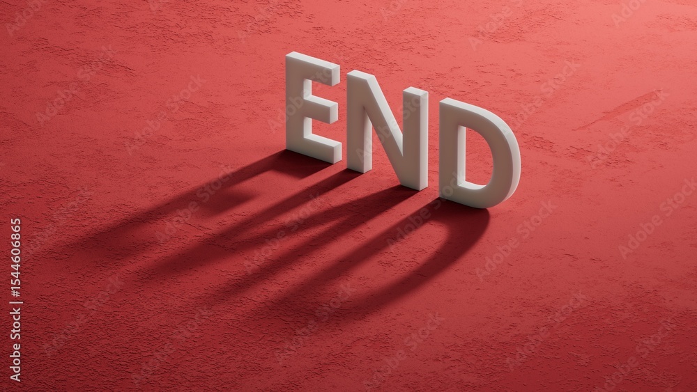 Poster end.shadow of 3d charcaters spelling.Flat lay view from above on shadow of 3d charcaters buttons.IT technology concept.3D rendering on red background.