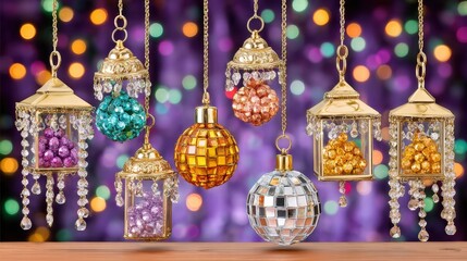 Holographic rainbow refractions illuminate ornate lanterns on a blurred black background creating a high fidelity vibrant and colorful display.