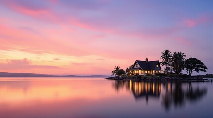 Fototapeta premium Island house at sunset real estate photography luxury home lake view peaceful living dream home destination