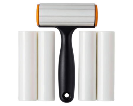 Lint roller with a black handle and extra refills on a transparent background