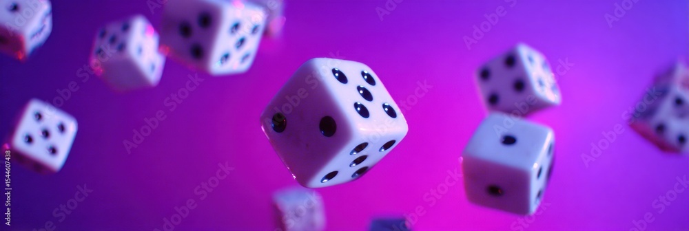 Aufkleber floating dice captured mid-roll against a vibrant purple background in a dynamic and energetic setti