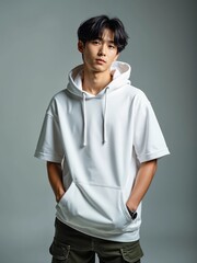 Asian Man in Casual White Hoodie Tshirt for Apparel Mockup Template (Front View)