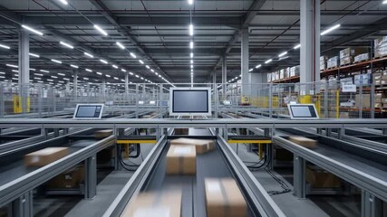Automated warehouse: Cardboard boxes moving on conveyor belts in a large distribution center - Powered by Adobe