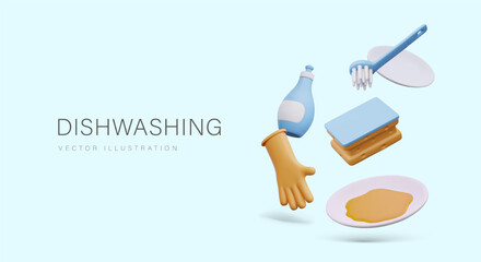 Cute vector concept of washing dishes. Horizontal banner in 3D style on colored background, place for text. Dirty and clean plate, rubber glove, sponge, detergent bottle with empty label, brush
