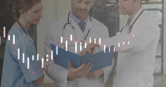 Medical team reviewing patient records after senior doctor opening blue folder during case review