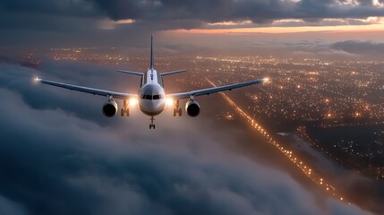 Luxurious airliner flying above a night city illuminated by lights on the horizon