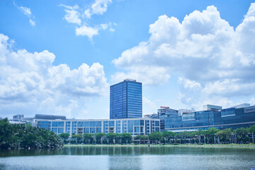 modern buildings in the city on the river